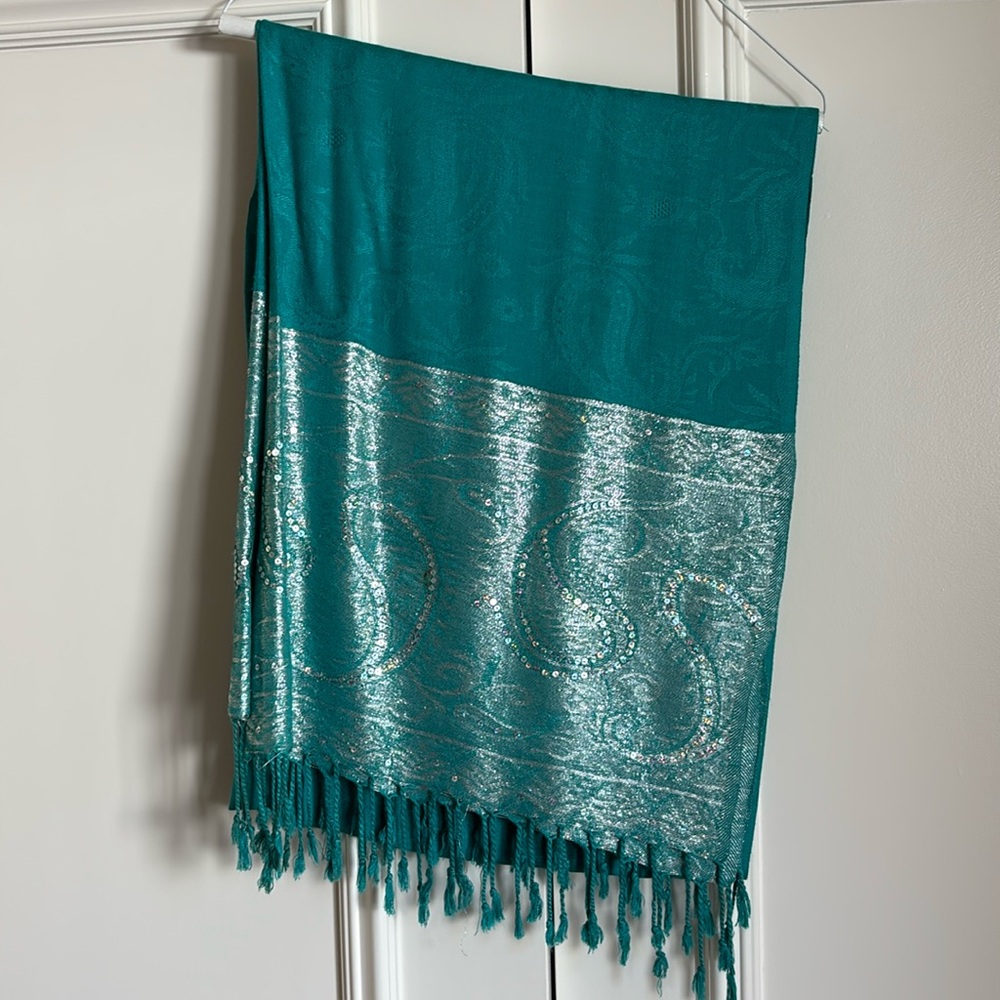 Torquoise and silver pashmina with sequins